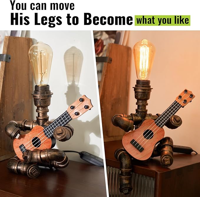 Vintage Industrial Robot Guitar Table Lamp with Bulb - Remote Control,Timer,Dimmable - Cool Gifts for Music Lovers,Men,& Musicians - Steampunk & Retro Style Bronze