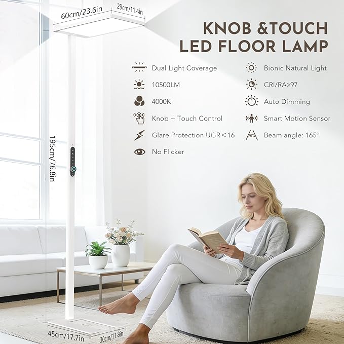 120W Led Floor Lamp, 10500LM Full Spectrum Eye Care Standing Lamp, 77" Motion Sensor Floor Lamps, Bright Reading Floor Lamp for Living Room, Study Room, Bedroom, Office, 4000K Natural Daylight
