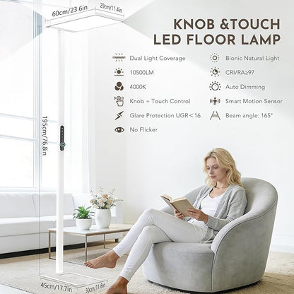 120W Led Floor Lamp, 10500LM Full Spectrum Eye Care Standing Lamp, 77" Motion Sensor Floor Lamps, Bright Reading Floor Lamp for Living Room, Study Room, Bedroom, Office, 4000K Natural Daylight
