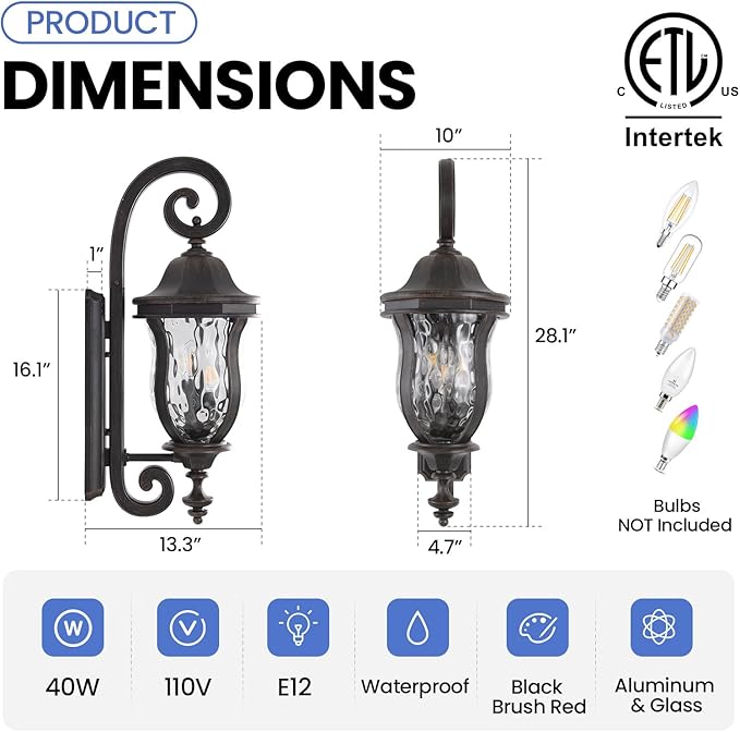 Black Brush Red Exterior Wall Sconces, 28" H Large Outdoor Wall Light Fixtures with Water Glass, Waterproof Outdoor Lights Wall Mount with Decorative Patterns for Porch, Front Door