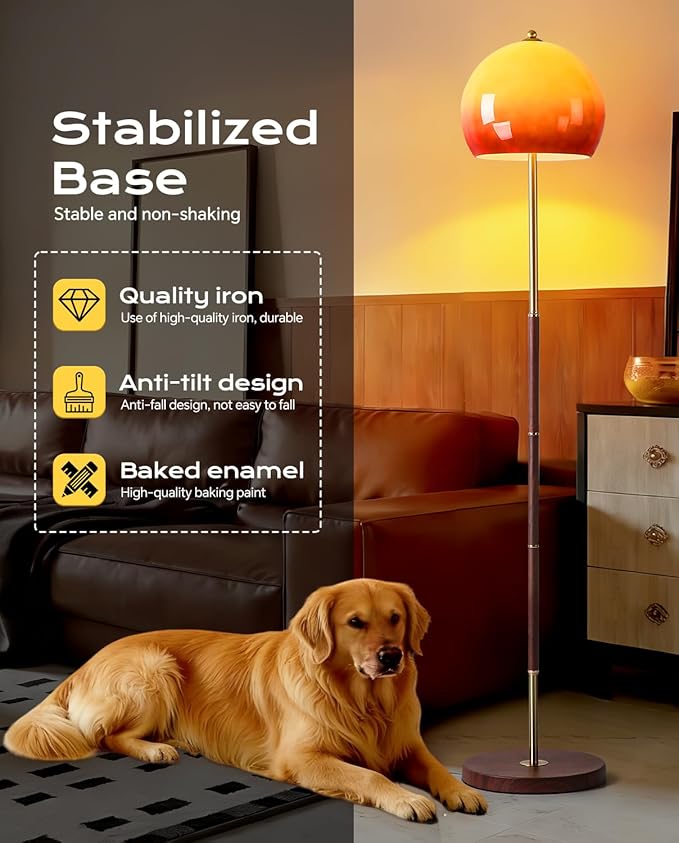 Orange Mushroom Floor Lamp, Vintage Floor Lamp with Gradient Glass Shade & Walnut Color Finish - Mid Century Modern Brushed Gold Standing Lamp for Living Room, Bedroom, Office