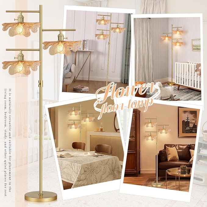 Gold Floor Lamps for Living Room Bedroom, Dimmable Tall Floor Lamp with Amber Glass Flower Shade, Mid Century Modern Standing Lamp for Office Corner Study