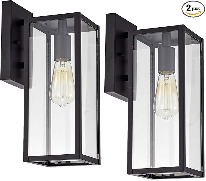 MICSIU Black Outdoor Wall Light Fixture 2 Pack, Clear Glass Exterior Wall Sconce Modern with E26 Base Socket, 13.75 Inch Outside Lights for House, Yard, Shop, Doorway, Pathway, Balcony