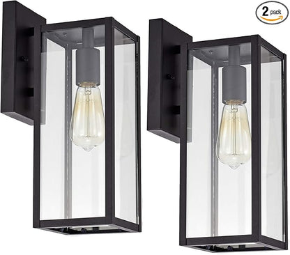 MICSIU Black Outdoor Wall Light Fixture 2 Pack, Clear Glass Exterior Wall Sconce Modern with E26 Base Socket, 13.75 Inch Outside Lights for House, Yard, Shop, Doorway, Pathway, Balcony
