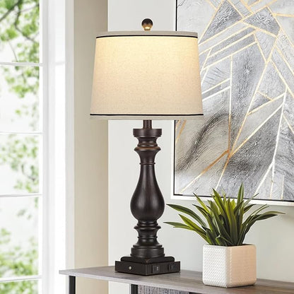 29" Farmhouse Table Lamp for Living Room,Vintage Bedside Nightstand Lamp with USB C+A Ports & AC Outlet,3-Way Dimmable Touch Control Retro Black Desk Lamp for Bedroom,Single Black