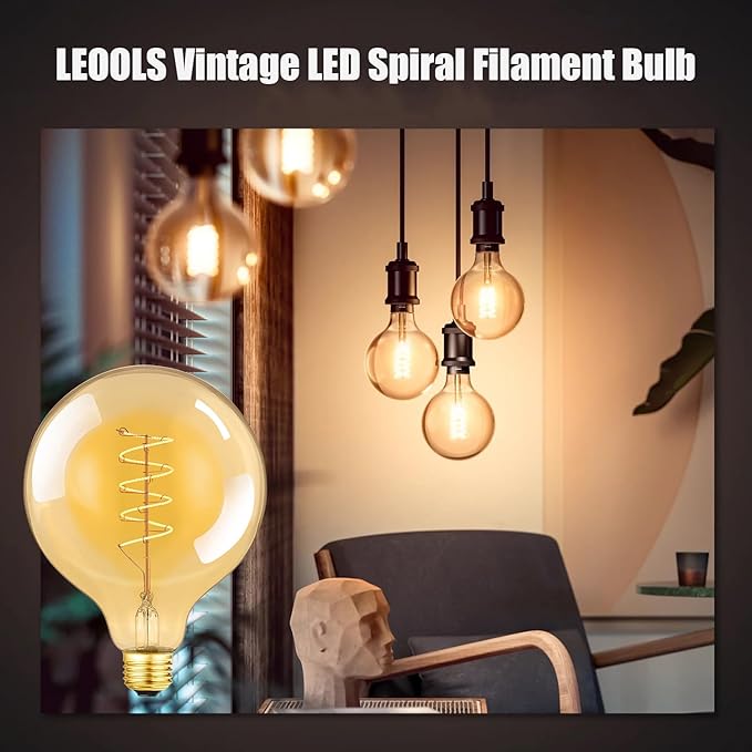 Leools Vintage LED Spiral Filament Bulb G125 Dimmable Flick-Free 6W CRI95 LED Edison Globe Light Bulb E26 Base,Amber Glass,Warm White,2200K, 500LM(60W Equivalent), Pack of 2