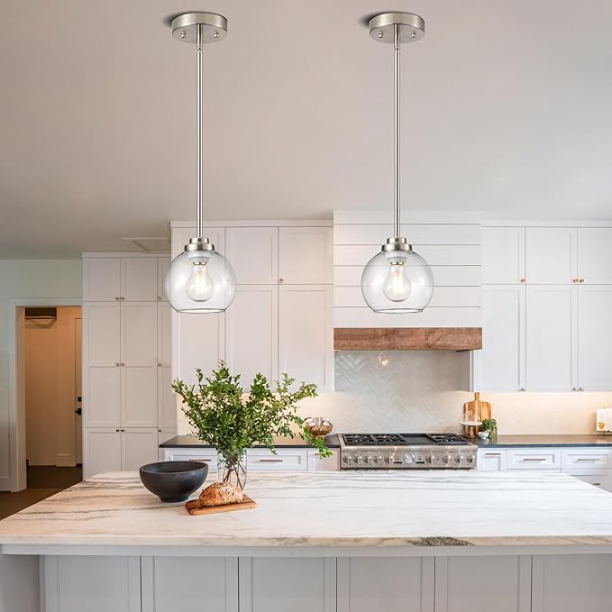 3 Pack Globe Pendant Light, Brushed Nickel Hanging Ceiling Light Fixtures with White Frosted Glass Shade, Modern House Adjustable Lights for Kitchen Island Bedroom Hallway
