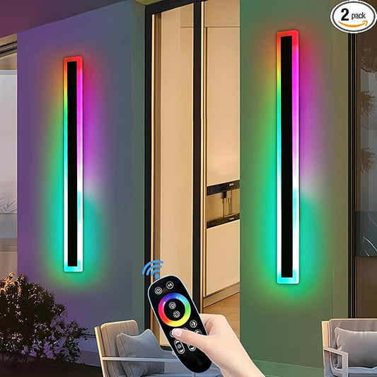 2 Pack Modern Outdoor Wall Light, 59inch RGB LED Wall Sconce, IP65 Waterproof, 10 Colors Dimmable Wall Mount Light Fixture for Fence, Garage, House, Black Aluminium, with Remote Control