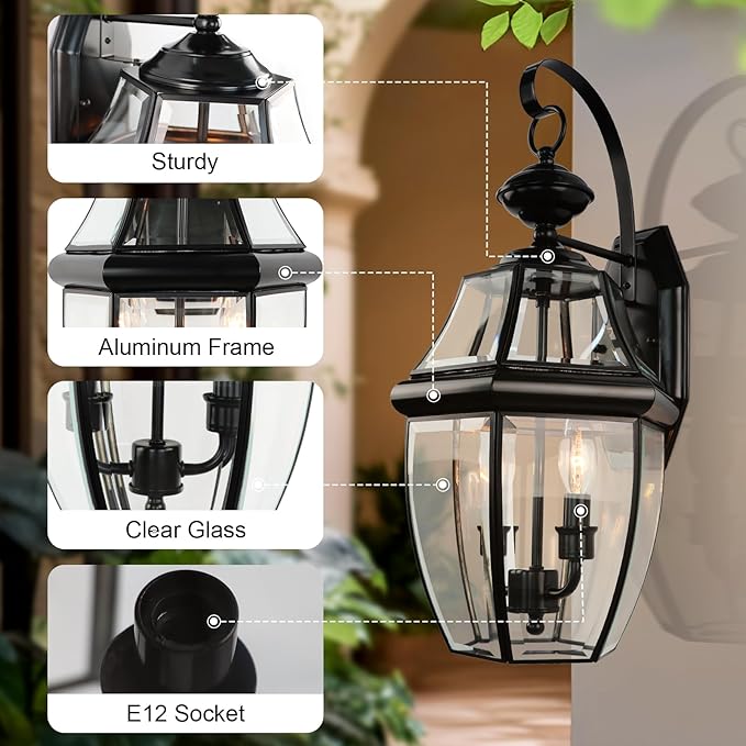 Outdoor Wall Lights, 20inch Large Exterior Lighting Fixtures, 2 Light Waterproof Wall Sconce with Glass Shades, Aluminium Outside Lanterns for Porch Farmhouse Patio Doorway Yard (E12 Base Max 60W )