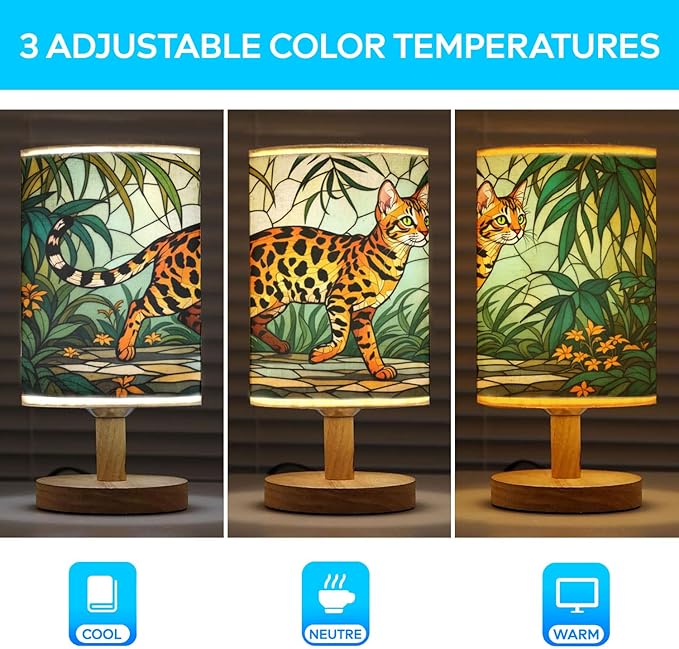 Bengal Cat Table Lamp LED 3-Color Pressed Bedside, Bengal Cat Shade Lamp with Wood Base for Bedroom Living Room Desk Office TL01