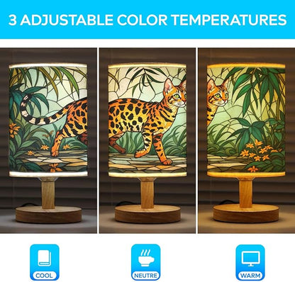 Bengal Cat Table Lamp LED 3-Color Pressed Bedside, Bengal Cat Shade Lamp with Wood Base for Bedroom Living Room Desk Office TL01