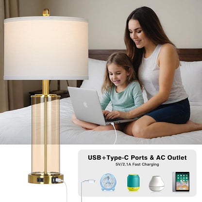 26" Modern Brown Glass Table Lamps Set of 2, Bedside Lamp with USB A+C Ports & AC Outlet, Living Room Lamps with 3-Way Dimmable Touch Control, Stylish Bedside Lamp for Bedroom Nightstand Dining Table