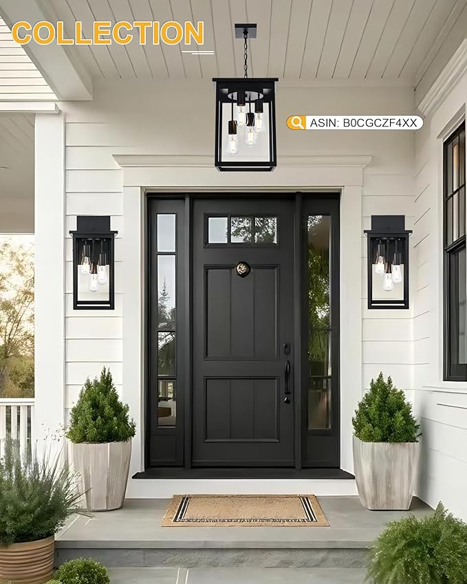 TODOLUZ 3-Light Large Outdoor Wall Sconce in Black, Waterproof Exterior Porch Wall Light Fixture for Garage Patio Entryway, E26 Bulb Base