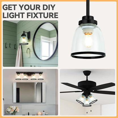 6 Pack Ceiling Fans Glass Shade Covers, Clear Glass Shade Replacements Globes Lampshades with Round Black Border, Screw-Fixed Lamp shade for Light Fixtures Chandelier Sconces Vanity Lights