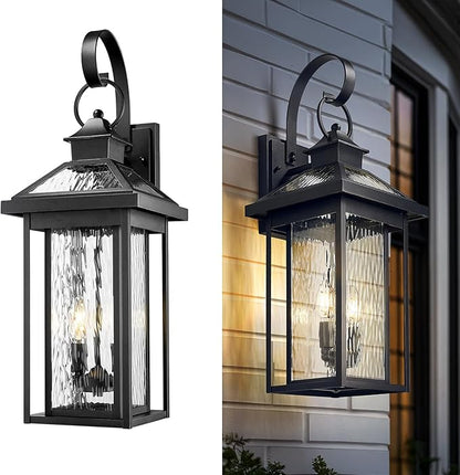 zeyu 2-Light Porch Wall Mount Light, 25.2'' Outdoor Porch Lantern Wall Mounted for House in Black Finish, Die-Cast Aluminum with Water Ripple Glass, ZW114BM BK-SW