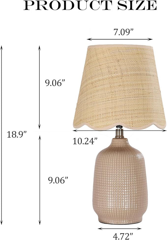 19" Boho Ceramic Table Lamp Set of 2, Handmade Ceramic Base with Rattan Shade, Farmhouse Plug-in Bedside Nightstand Lamps for Bedroom, Living Room, E26 Socket, Grey
