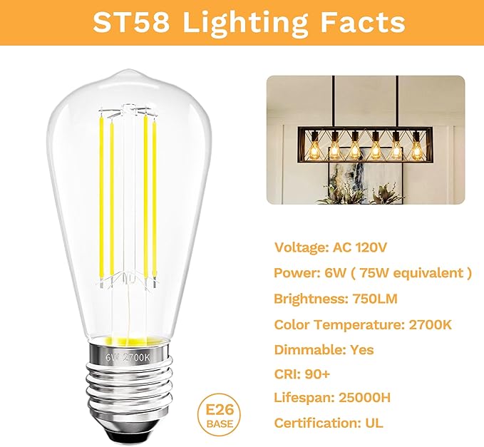 Edison Bulbs E26 Medium Base 2700K Soft White, 750LM ST58 Vintage LED Filament Bulb Clear Glass, Equivalent 75W Dimmable Lights Bulb 90+ CRI for Chandeliers, Pendants, Wall Sconces, 3 Pack