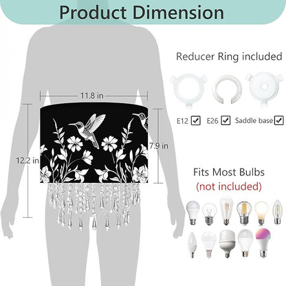 Hummingbird & Floral Lamp Shade with Crystal Bead Droplets, Black & White Drum Fabric Light Shade for Ceiling Pendant Table & Floor Lamps, Nature-Inspired Decor, 11.8in