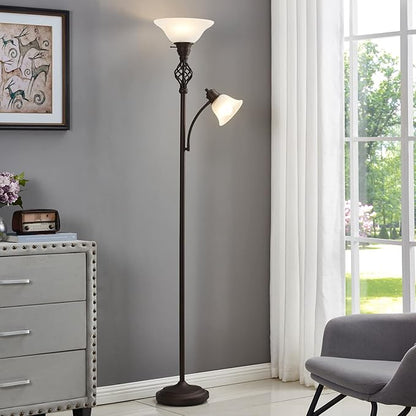 GyroVu Torchiere Floor Lamp for Living Room, LED Standing Reading Light for Bedroom with Glass Shade for Living Room Corner Bedroom Home Office,Bulbs Included (Red Brown,Glass 2 Head)