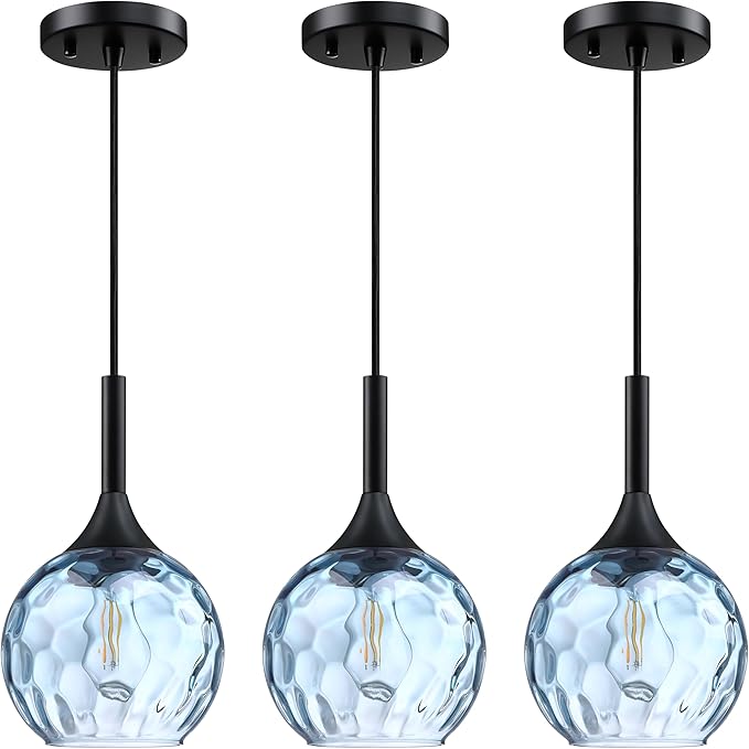 6.3" Texture Blue Glass Rod Pendant Light 3 Pack Pendant Ceiling Light Fixture Black Finish Modern Farmhouse Dinning Over Sink Adjustable Height Rod