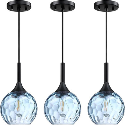 6.3" Texture Blue Glass Rod Pendant Light 3 Pack Pendant Ceiling Light Fixture Black Finish Modern Farmhouse Dinning Over Sink Adjustable Height Rod