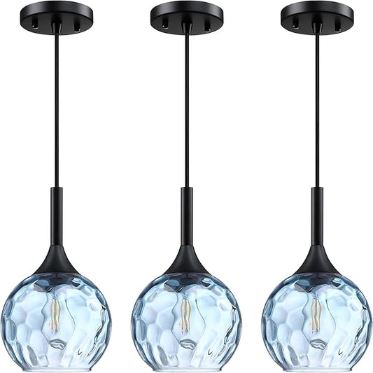 6.3" Texture Blue Glass Rod Pendant Light 3 Pack Pendant Ceiling Light Fixture Black Finish Modern Farmhouse Dinning Over Sink Adjustable Height Rod