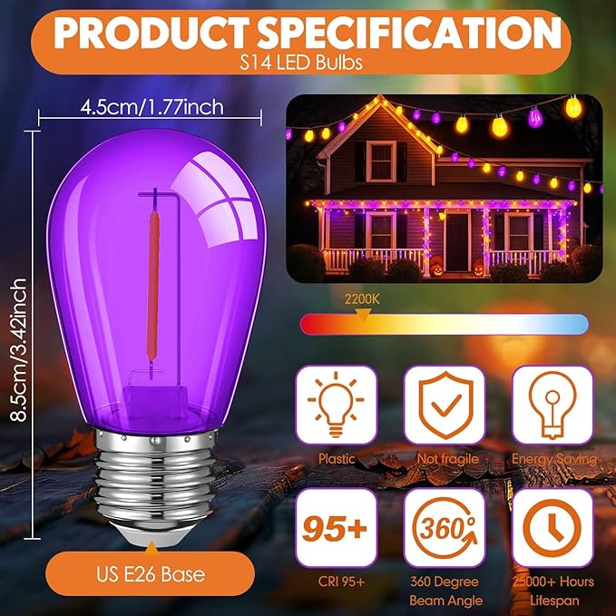 Mudder 60 Pack Light Bulbs 1w Replacement LED Light Bulbs S14 Shatterproof Waterproof String Lights Outdoor Indoor LED Lights Patio Bulb, E26 110v Regular Base(Purple and Orange,60 Pack)