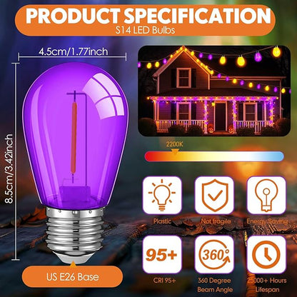 Mudder 60 Pack Light Bulbs 1w Replacement LED Light Bulbs S14 Shatterproof Waterproof String Lights Outdoor Indoor LED Lights Patio Bulb, E26 110v Regular Base(Purple and Orange,60 Pack)