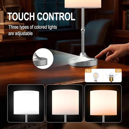 Cordless LED Table Lamp,Portables Fabric Shade Desk Lamps, Rechargeable Battery Powered Lighting, Dimmable Light for Dining Room, Bedroom, Bedside, Night Light, Balcony (Silver)