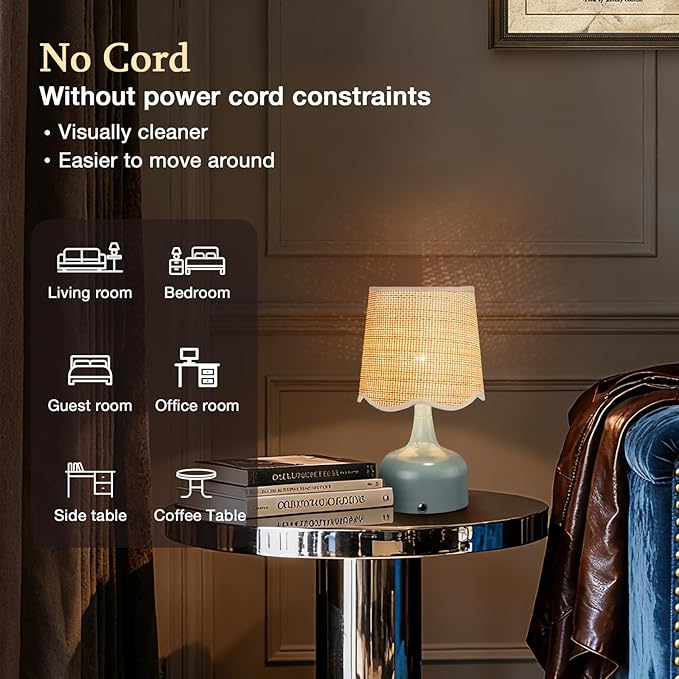 Cordless Boho Table Lamp Blue, Wicker Shade, 5200-mAh Rechargeable Battery, 3-Way Dimmable, Build-in Integrated LED 320 Lumen Max, for Bedside Living Room