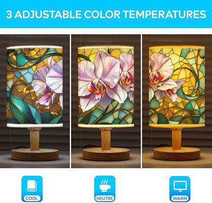 Orchid Table Lamp LED 3-Color Pressed Bedside, Orchid Shade Lamp with Wood Base for Bedroom Living Room Desk Office TL01