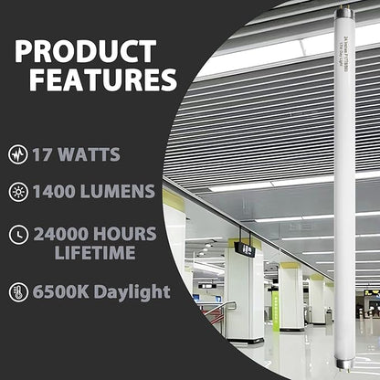 24 Inch F17T8/865 Fluorescent Bulb Daylight 6500K, 17 Watt T8 Light Bulb, 2 Foot Fluorescent Light Bulb, 1460 lumens, G13 Medium Bi-Pin Cap 8 Pack