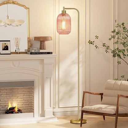 Pink Floor Lamp for Living Room,Bedroom,Gold Dimmable Standing Lamp with Remote,Mid Century Modern Brass Tall Lamp Retro Vintage Glass Lamp Floor Light Boho Bohemian