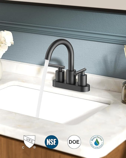 FORIOUS 4 Inch Centerset Bathroom Faucet Black 2 Hole, Two Handle Matte Black Faucet for Bathroom Sink with Pop Up Dain, 24" Supply Line, and 360° Rotating Spout of 4" Vanity