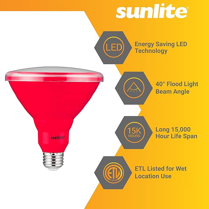 Sunlite 81475 LED PAR38 Colored Recessed Light Bulb, 15 watt (75W Equivalent), Medium (E26) Base, Floodlight, ETL Listed, Red, 1 Pack