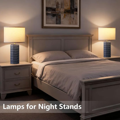 Modern Ceramic Table Lamp Set of 2, Bedside Lamp for Bedroom Decor, Nightstand Lamp with 3 Color Temperatures, Desk Light for Living Room Dorm Office, Blue