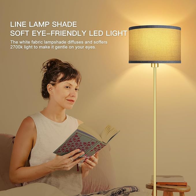 Gold Floor Lamp, Standing Lamp, Rustic Living Room Lamps with with Jute Shade, Foot Pedal Switch, Bright Farmhouse Tall Lamp, Corner Lamp for Bedroom Office (LED Bulbs Included)