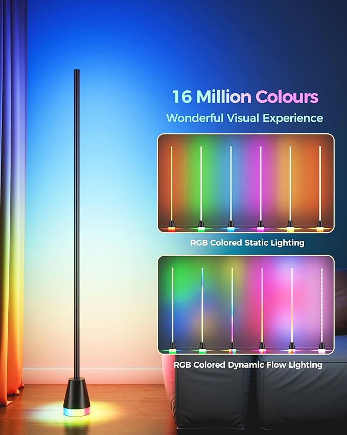 Corner Floor Lamp, Smart RGB LED Corner Lamp with App and Remote Control, 172 LED Light Beads and 16 Million Colors Changing Standing Lamps with Music Sync for Living Room, Bedroom, Gaming Room, Black