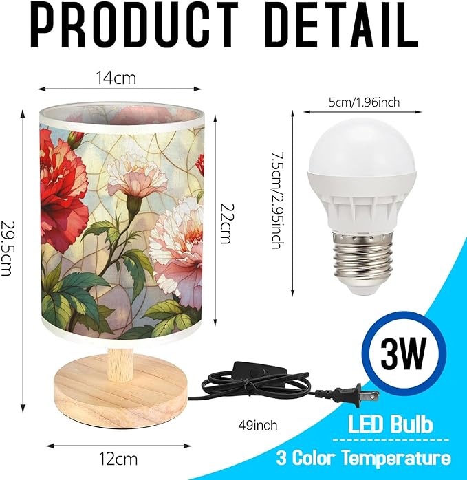 Carnation Table Lamp LED 3-Color Pressed Bedside, Carnation Shade Lamp with Wood Base for Bedroom Living Room Desk Office