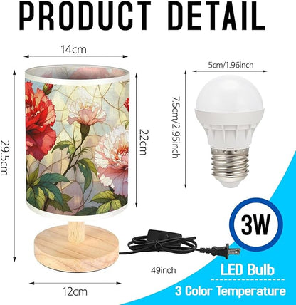 Carnation Table Lamp LED 3-Color Pressed Bedside, Carnation Shade Lamp with Wood Base for Bedroom Living Room Desk Office