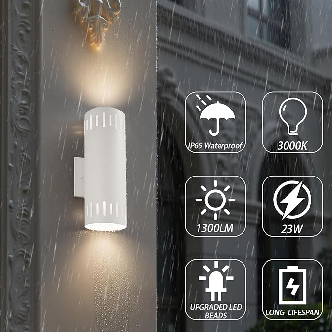 Outdoor Wall Lights Stainless Steel, 23W 3000K LED Cylinder Up Down Wall Sconces, 1300LM Warm White Light IP65 Waterproof Modern Outdoor Light Fixture for House, Garage, Porch, Doorway, White