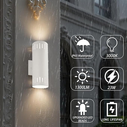 Outdoor Wall Lights Stainless Steel, 23W 3000K LED Cylinder Up Down Wall Sconces, 1300LM Warm White Light IP65 Waterproof Modern Outdoor Light Fixture for House, Garage, Porch, Doorway, White