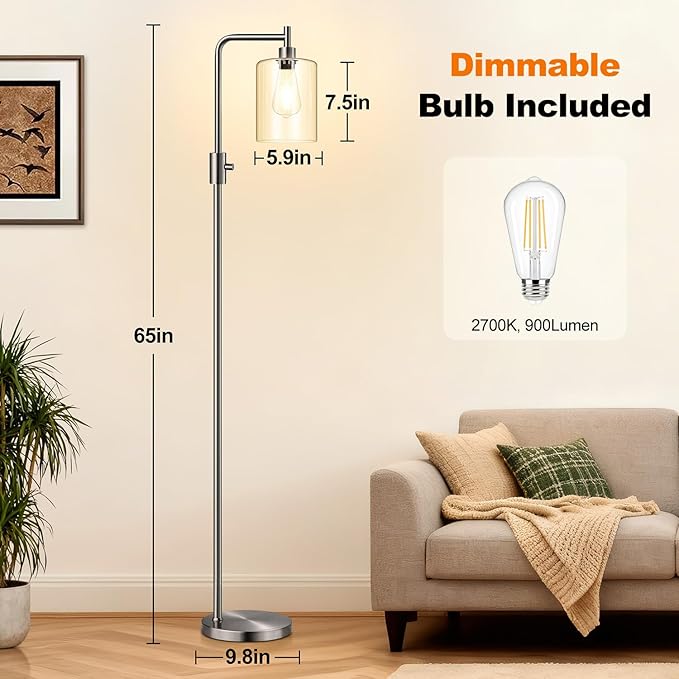 【Upgraded】Dimmable Floor Lamp for Living Room with Glass Lampshade, Brushed Nickel Modern Floor Lamp with 900LM LED Bulb Included, Bright Standing Tall Lamp for Bedroom, Office, Reading Room, Corner