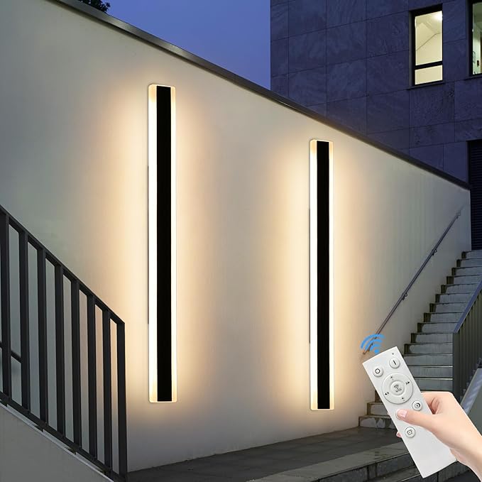 2 Pack Modern Outdoor Wall Light, 57inch Dimmable LED Linear Wall Sconce 3000K-6000K, IP65 Waterproof, Exterior Wall Mount Lighting for Porch, Patio, Yard, Garage with Remote Control
