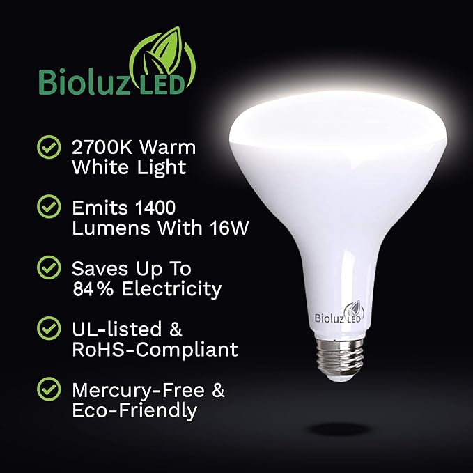 Bioluz 4 Pack Brightest BR40 LED Light Bulb - 90 CRI Instant ON Warm White 2700K Light Bulbs 16W 1400 Lumen Indoor & Outdoor Lighting Smooth Dimmable Lightbulb UL Listed Title 20 Compliant