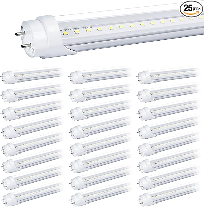 25-Pack T8 LED Bulbs 4 Foot Tube Light, 4ft LED Shop Garage Warehouse Light, 20W 5000K 2600LM Daylight White, Fluorescent Lights Tube Replacement, Ballast Bypass, Dual-end Powered, Clear Cover