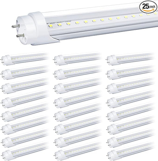 25-Pack T8 LED Bulbs 4 Foot Tube Light, 4ft LED Shop Garage Warehouse Light, 20W 5000K 2600LM Daylight White, Fluorescent Lights Tube Replacement, Ballast Bypass, Dual-end Powered, Clear Cover