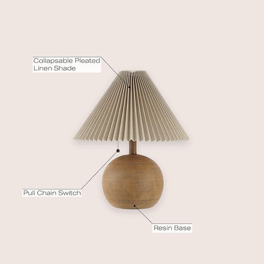 JONATHAN Y JYL1145A Aksel 17.25" Coastal Scandinavian Resin/Iron Sphere LED Table Lamp with Pleated Shade and Pull Chain, Brown Wood Finish/Beige, for Entry Console, Bedroom, Living Room