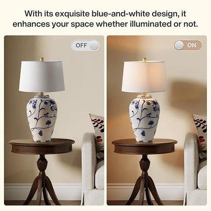 Tribesigns 27-Inch Table Lamp with Blue and White Porcelain Ginger Jar, Embossed Floral Ceramic Base with Fabric Shade for Living Room, Entryway, Nightstand for Bedroom