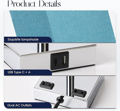 Bedside Lamp with USB Ports - Touch Control Table Lamp for Bedroom with USB C+A Charging Ports & AC Outlets, 3 Way Dimmable Nightstand Light with Flaxen Shade for Living Room (LED Bulb Included, Blue)